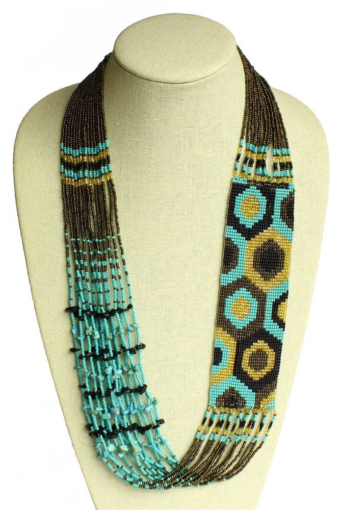 Dotty Story Turquoise and Gold Necklace Woven Bead Crystals