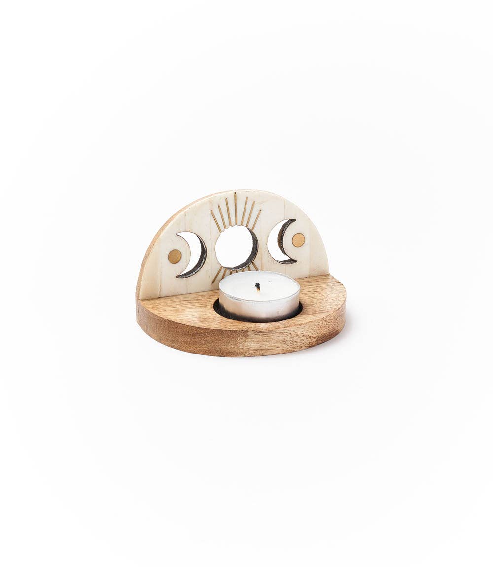 Indukala Moon Phase Tealight Candle Holder-Carved Bone Wood